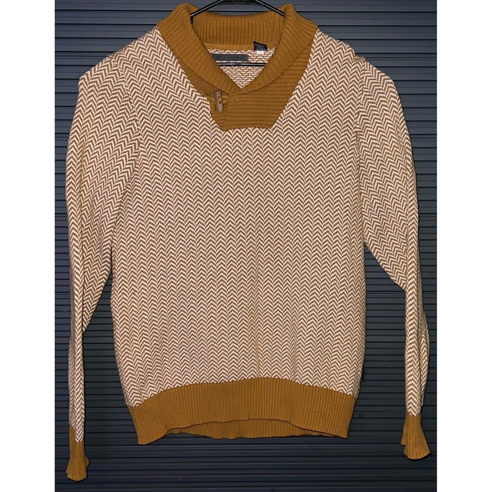 Sean John Mens 2XL Chevron Pattern Shawl Collar Pullover Sweater Beige & Brown